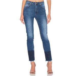 ANINE BING High Rise Skinny Fit Jeans With Dip Dye Raw Hem Detail in Blue, 29